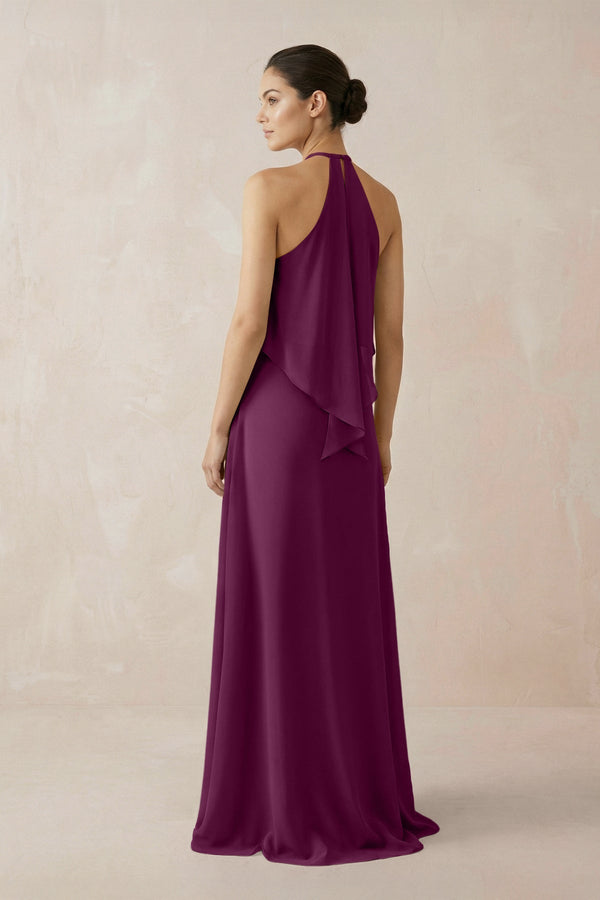 Halter Sheath Ruffled Chiffon Bridesmaid Dress in Fig - KissProm Bridesmaid Dresses