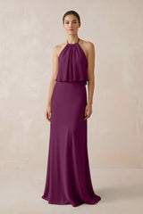 Halter Sheath Ruffled Chiffon Bridesmaid Dress in Fig - KissProm Bridesmaid Dresses