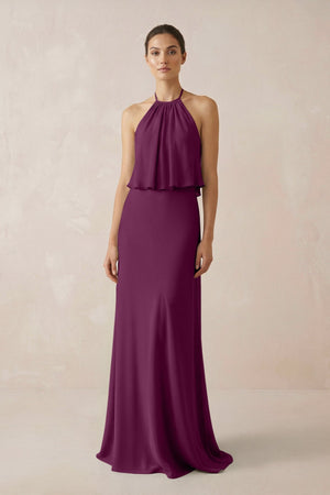 Halter Sheath Ruffled Chiffon Bridesmaid Dress in Fig - KissProm Bridesmaid Dresses