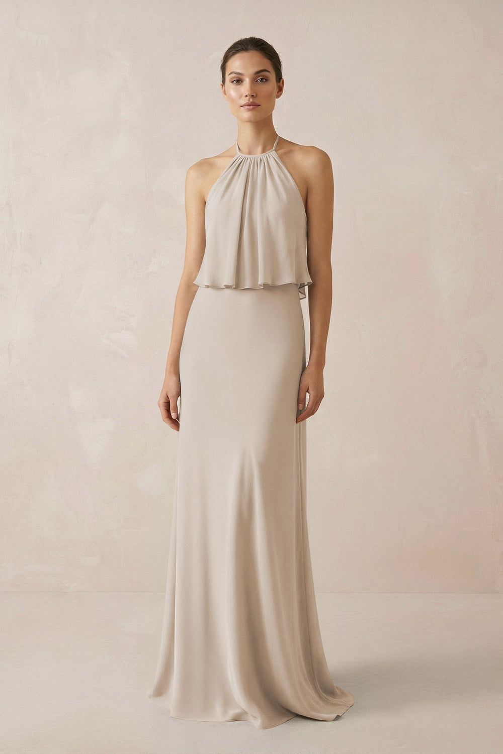Halter Sheath Ruffled Chiffon Bridesmaid Dress in Frost - KissProm Bridesmaid Dresses