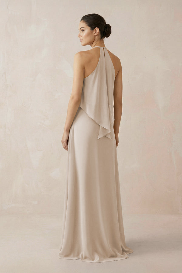 Halter Sheath Ruffled Chiffon Bridesmaid Dress in Frost - KissProm Bridesmaid Dresses