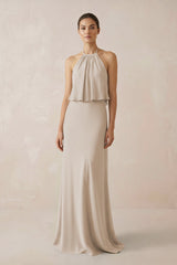 Halter Sheath Ruffled Chiffon Bridesmaid Dress in Frost - KissProm Bridesmaid Dresses