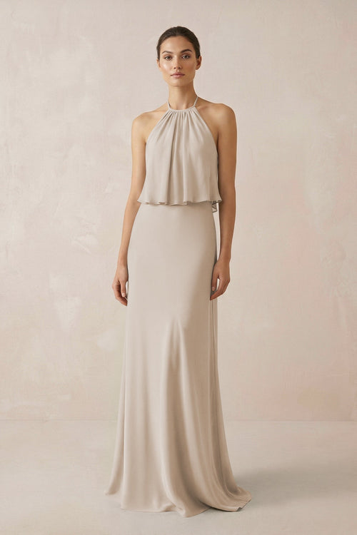 Halter Sheath Ruffled Chiffon Bridesmaid Dress in Frost - KissProm Bridesmaid Dresses