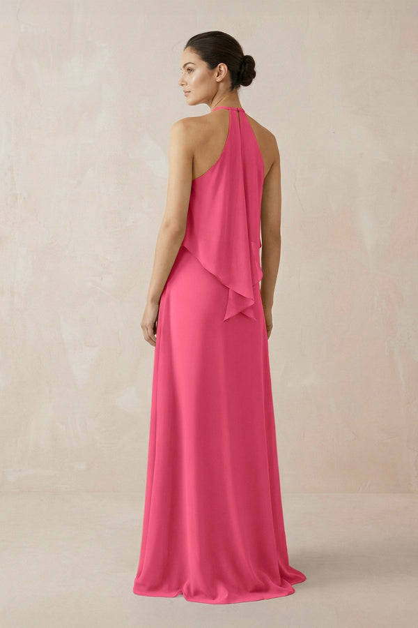 Halter Sheath Ruffled Chiffon Bridesmaid Dress in Fuchsia - KissProm Bridesmaid Dresses