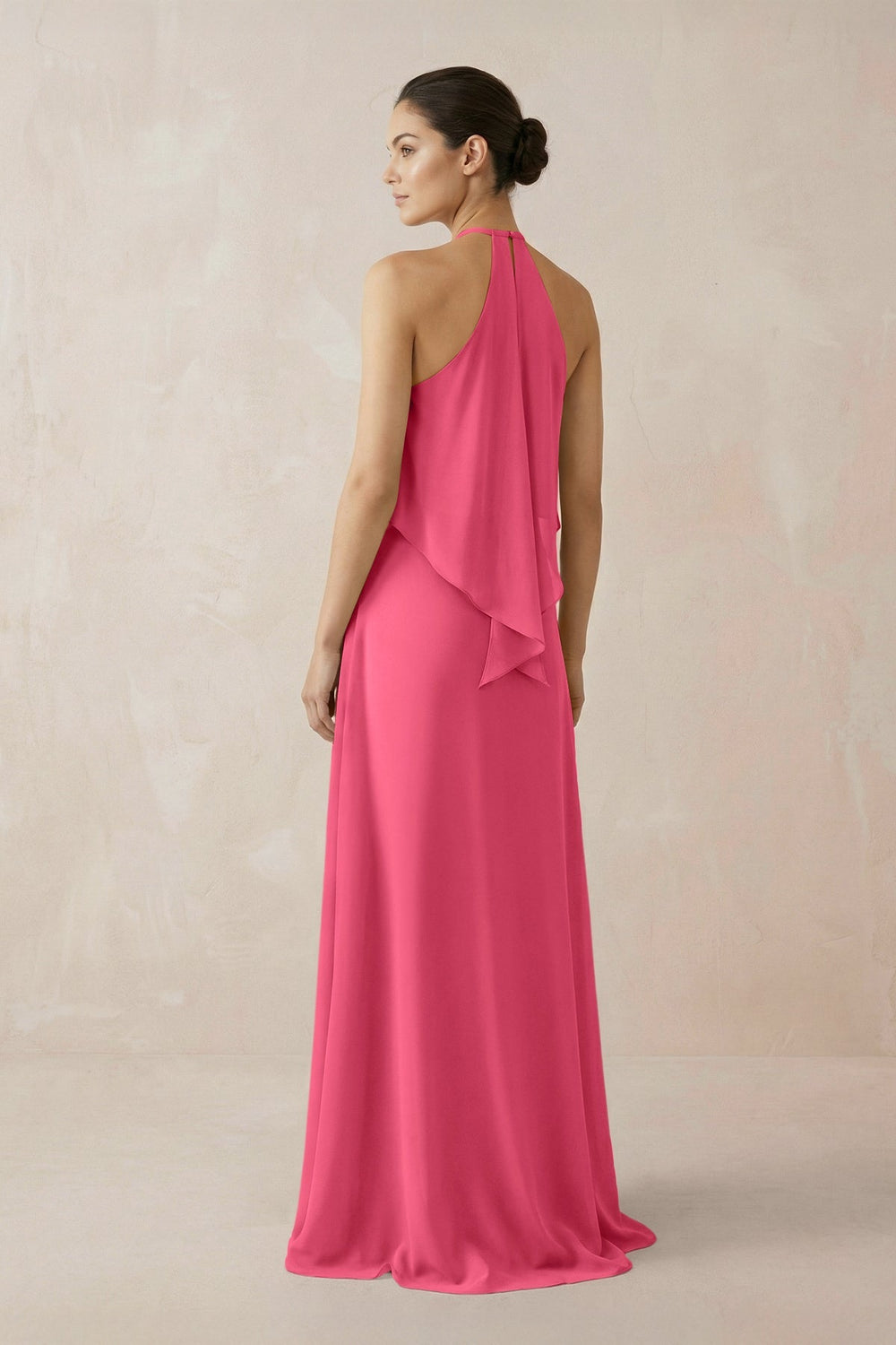 Halter Sheath Ruffled Chiffon Bridesmaid Dress in Fuchsia - KissProm Bridesmaid Dresses