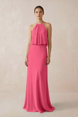 Halter Sheath Ruffled Chiffon Bridesmaid Dress in Fuchsia - KissProm Bridesmaid Dresses