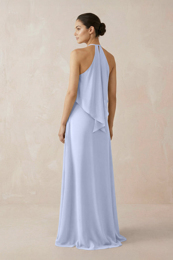 Halter Sheath Ruffled Chiffon Bridesmaid Dress in Ice - KissProm Bridesmaid Dresses