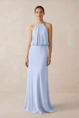 Halter Sheath Ruffled Chiffon Bridesmaid Dress in Ice - KissProm Bridesmaid Dresses