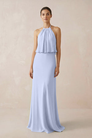 Halter Sheath Ruffled Chiffon Bridesmaid Dress in Ice - KissProm Bridesmaid Dresses