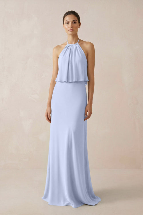 Halter Sheath Ruffled Chiffon Bridesmaid Dress in Ice - KissProm Bridesmaid Dresses