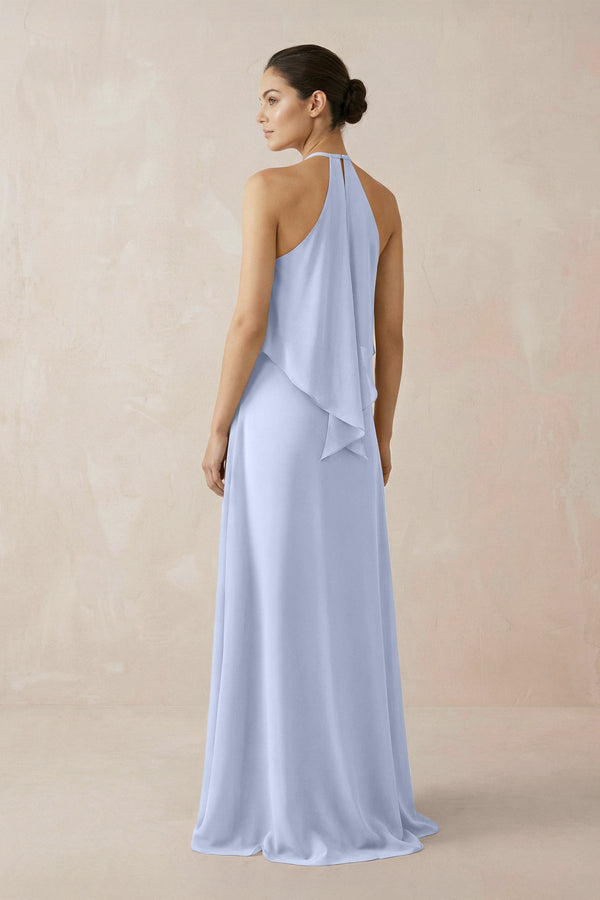 Halter Sheath Ruffled Chiffon Bridesmaid Dress in Ice - KissProm Bridesmaid Dresses