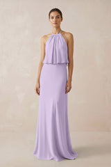 Halter Sheath Ruffled Chiffon Bridesmaid Dress in Lavender - KissProm Bridesmaid Dresses