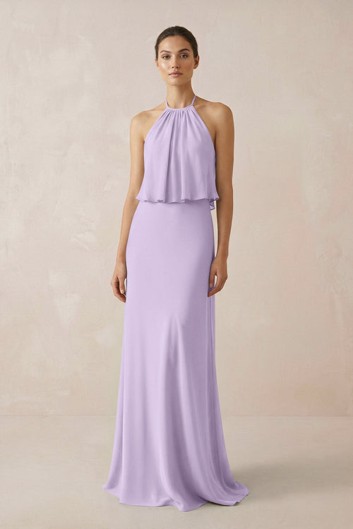 Halter Sheath Ruffled Chiffon Bridesmaid Dress in Lavender - KissProm Bridesmaid Dresses
