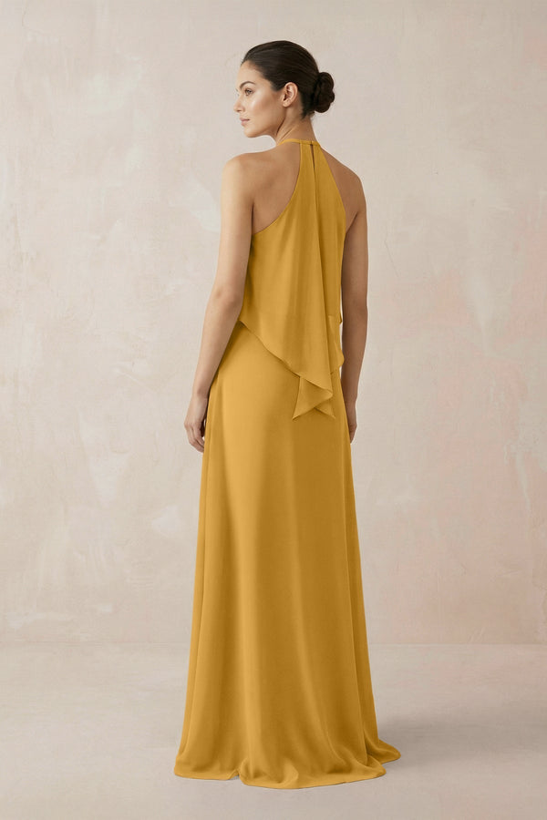 Halter Sheath Ruffled Chiffon Bridesmaid Dress in Marigold - KissProm Bridesmaid Dresses