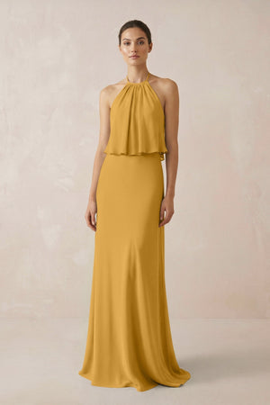 Halter Sheath Ruffled Chiffon Bridesmaid Dress in Marigold - KissProm Bridesmaid Dresses