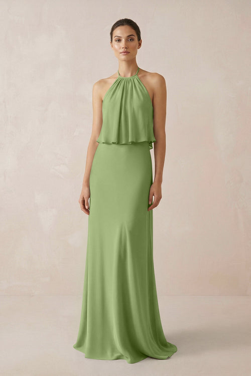 Halter Sheath Ruffled Chiffon Bridesmaid Dress in Matcha - KissProm Bridesmaid Dresses
