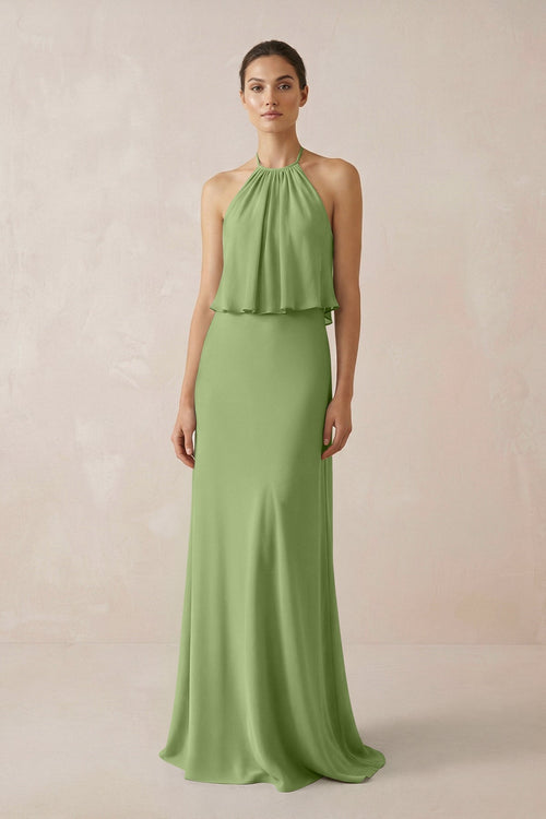 Halter Sheath Ruffled Chiffon Bridesmaid Dress in Matcha - KissProm Bridesmaid Dresses