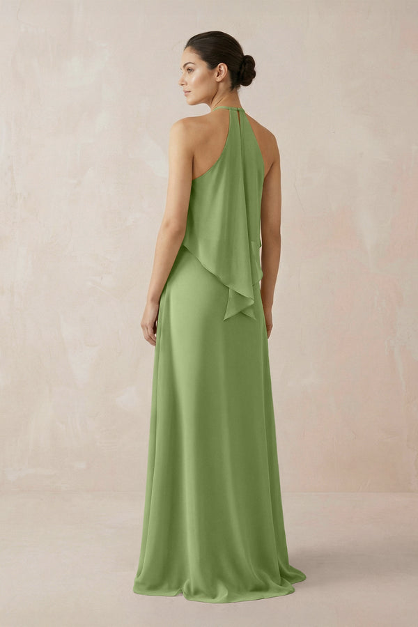 Halter Sheath Ruffled Chiffon Bridesmaid Dress in Matcha - KissProm Bridesmaid Dresses