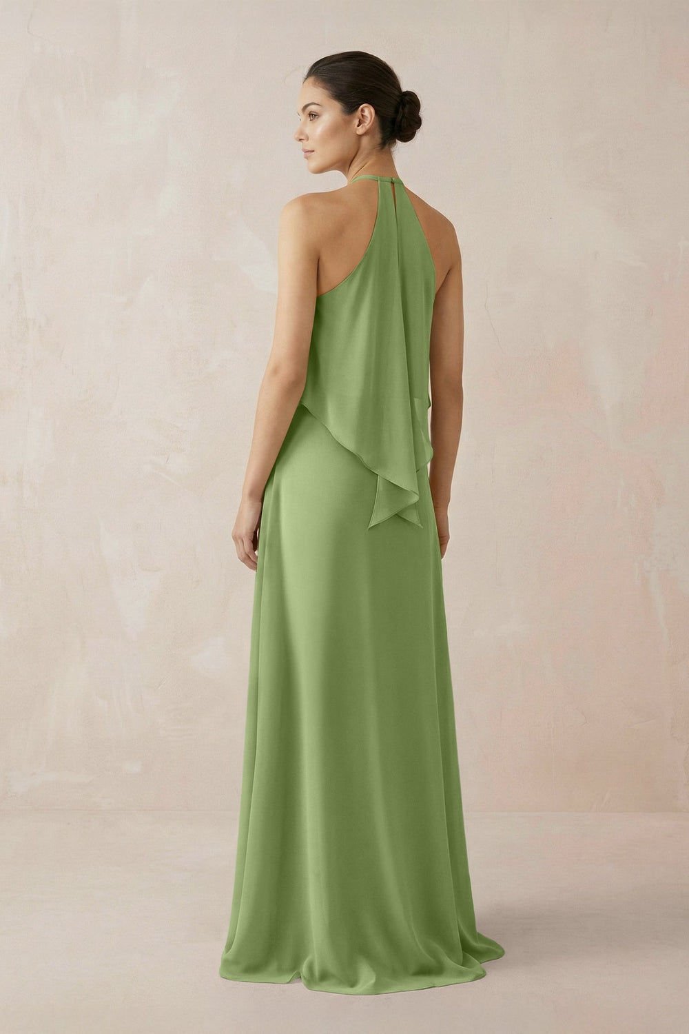 Halter Sheath Ruffled Chiffon Bridesmaid Dress in Matcha - KissProm Bridesmaid Dresses