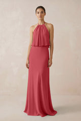Halter Sheath Ruffled Chiffon Bridesmaid Dress in Merlot - KissProm Bridesmaid Dresses