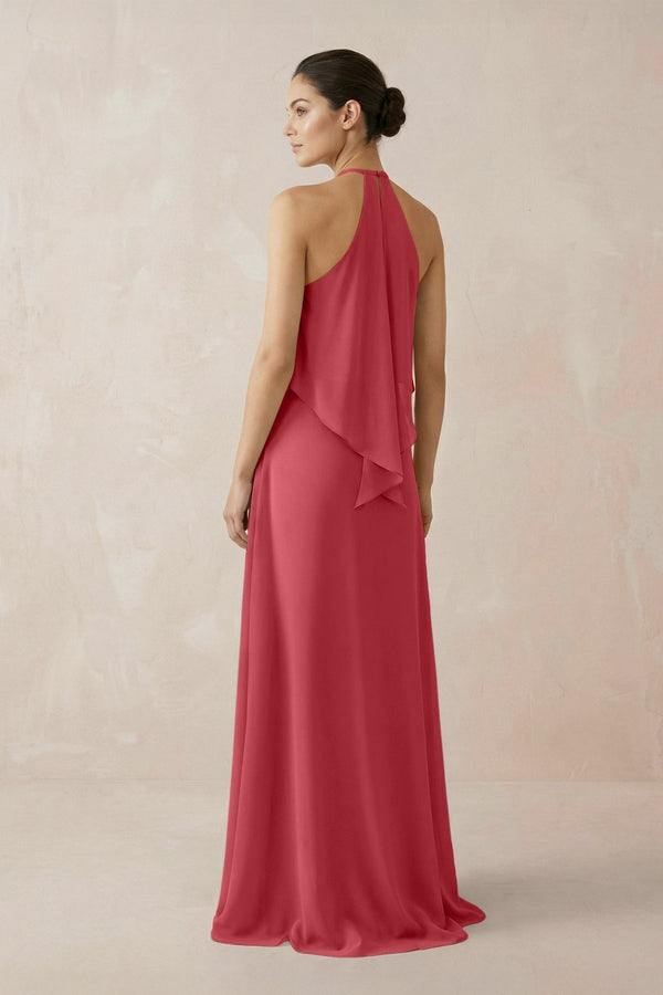 Halter Sheath Ruffled Chiffon Bridesmaid Dress in Merlot - KissProm Bridesmaid Dresses