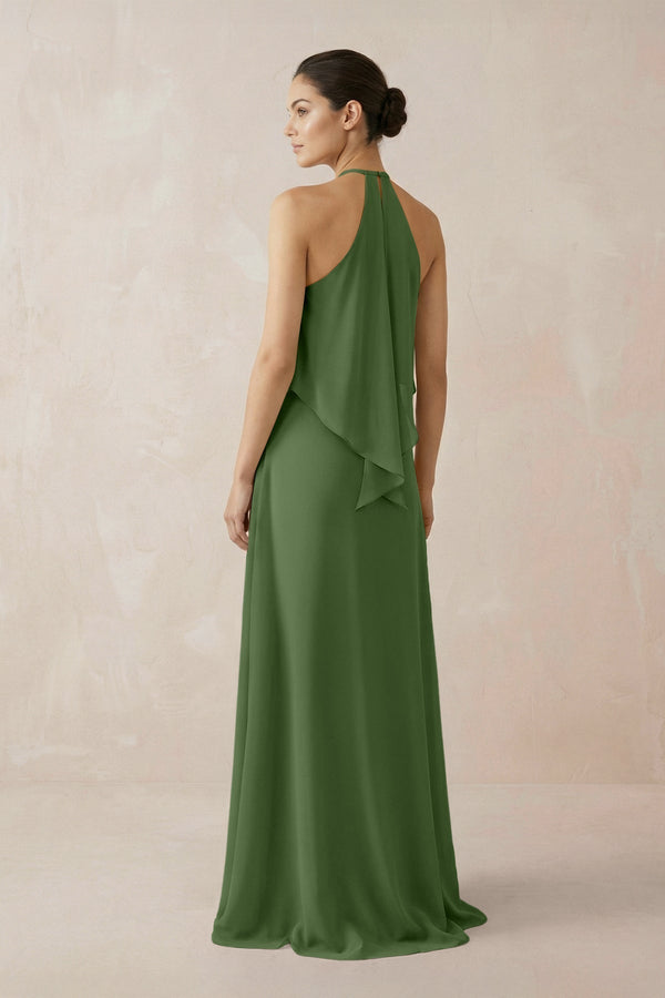 Halter Sheath Ruffled Chiffon Bridesmaid Dress in Moss - KissProm Bridesmaid Dresses