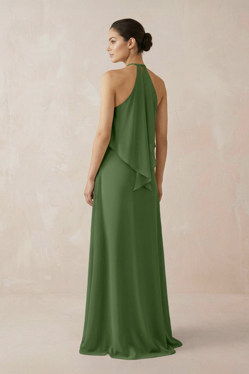 Halter Sheath Ruffled Chiffon Bridesmaid Dress in Moss - KissProm Bridesmaid Dresses