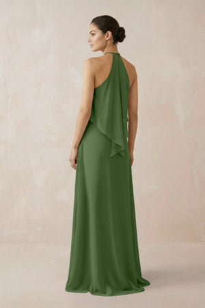 Halter Sheath Ruffled Chiffon Bridesmaid Dress in Moss - KissProm Bridesmaid Dresses