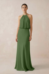 Halter Sheath Ruffled Chiffon Bridesmaid Dress in Moss - KissProm Bridesmaid Dresses