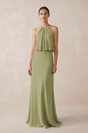 Halter Sheath Ruffled Chiffon Bridesmaid Dress in Moss Green - KissProm Bridesmaid Dresses