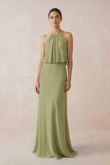 Halter Sheath Ruffled Chiffon Bridesmaid Dress in Moss Green - KissProm Bridesmaid Dresses