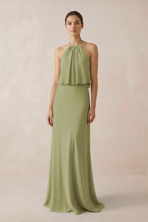 Halter Sheath Ruffled Chiffon Bridesmaid Dress in Moss Green - KissProm Bridesmaid Dresses