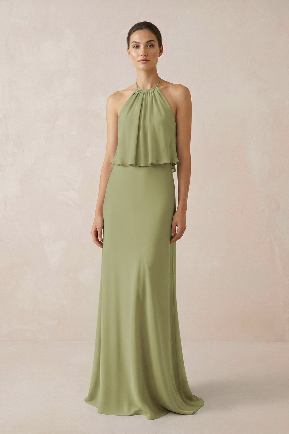 Halter Sheath Ruffled Chiffon Bridesmaid Dress in Moss Green - KissProm Bridesmaid Dresses