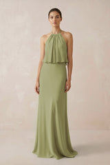 Halter Sheath Ruffled Chiffon Bridesmaid Dress in Moss Green - KissProm Bridesmaid Dresses
