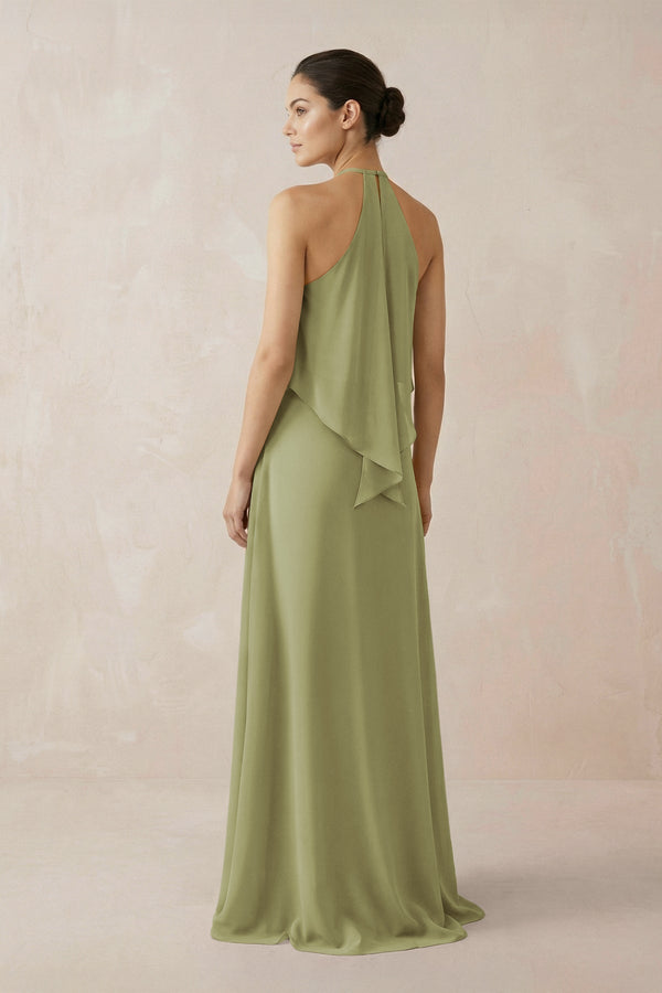 Halter Sheath Ruffled Chiffon Bridesmaid Dress in Moss Green - KissProm Bridesmaid Dresses