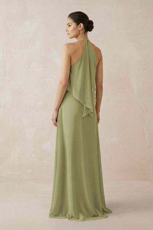 Halter Sheath Ruffled Chiffon Bridesmaid Dress in Moss Green - KissProm Bridesmaid Dresses