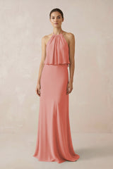 Halter Sheath Ruffled Chiffon Bridesmaid Dress in Mulberry - KissProm Bridesmaid Dresses
