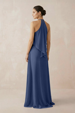 Halter Sheath Ruffled Chiffon Bridesmaid Dress in Navy - KissProm Bridesmaid Dresses