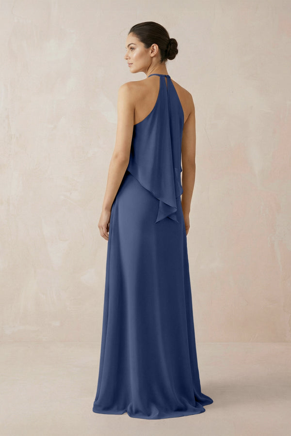 Halter Sheath Ruffled Chiffon Bridesmaid Dress in Navy - KissProm Bridesmaid Dresses