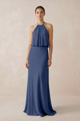 Halter Sheath Ruffled Chiffon Bridesmaid Dress in Navy - KissProm Bridesmaid Dresses