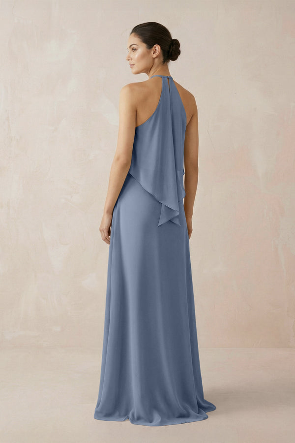 Halter Sheath Ruffled Chiffon Bridesmaid Dress in Neptune - KissProm Bridesmaid Dresses