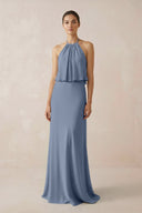 Halter Sheath Ruffled Chiffon Bridesmaid Dress in Neptune - KissProm Bridesmaid Dresses