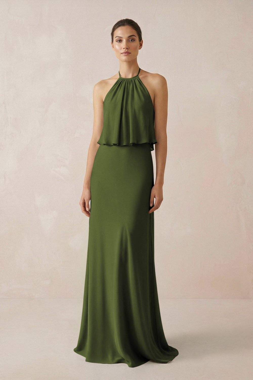 Halter Sheath Ruffled Chiffon Bridesmaid Dress in Olive - KissProm Bridesmaid Dresses