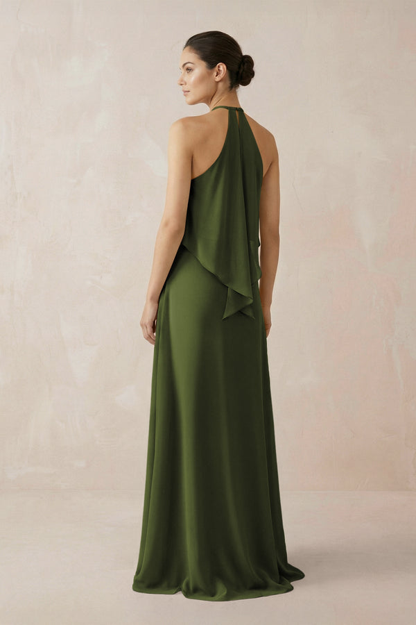 Halter Sheath Ruffled Chiffon Bridesmaid Dress in Olive - KissProm Bridesmaid Dresses