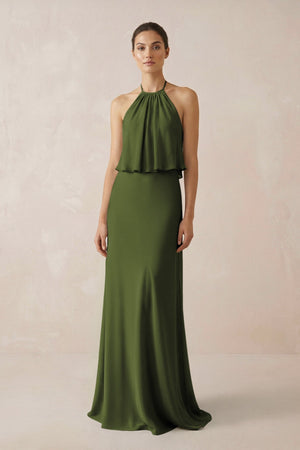 Halter Sheath Ruffled Chiffon Bridesmaid Dress in Olive - KissProm Bridesmaid Dresses