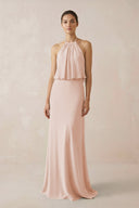 Halter Sheath Ruffled Chiffon Bridesmaid Dress in Pale Blush - KissProm Bridesmaid Dresses