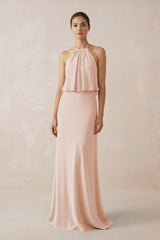 Halter Sheath Ruffled Chiffon Bridesmaid Dress in Pale Blush - KissProm Bridesmaid Dresses