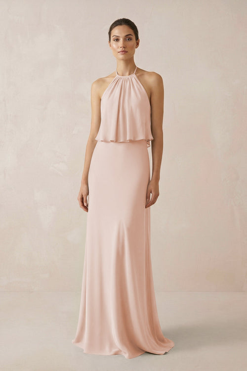 Halter Sheath Ruffled Chiffon Bridesmaid Dress in Pale Blush - KissProm Bridesmaid Dresses