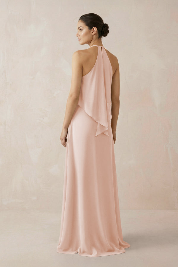 Halter Sheath Ruffled Chiffon Bridesmaid Dress in Pale Blush - KissProm Bridesmaid Dresses