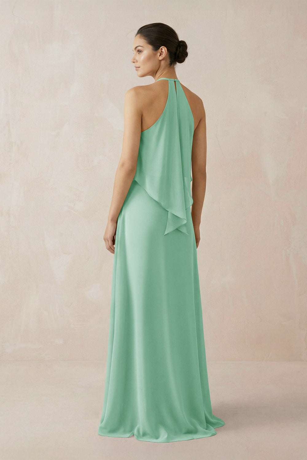 Halter Sheath Ruffled Chiffon Bridesmaid Dress in Pale Pistachio - KissProm Bridesmaid Dresses